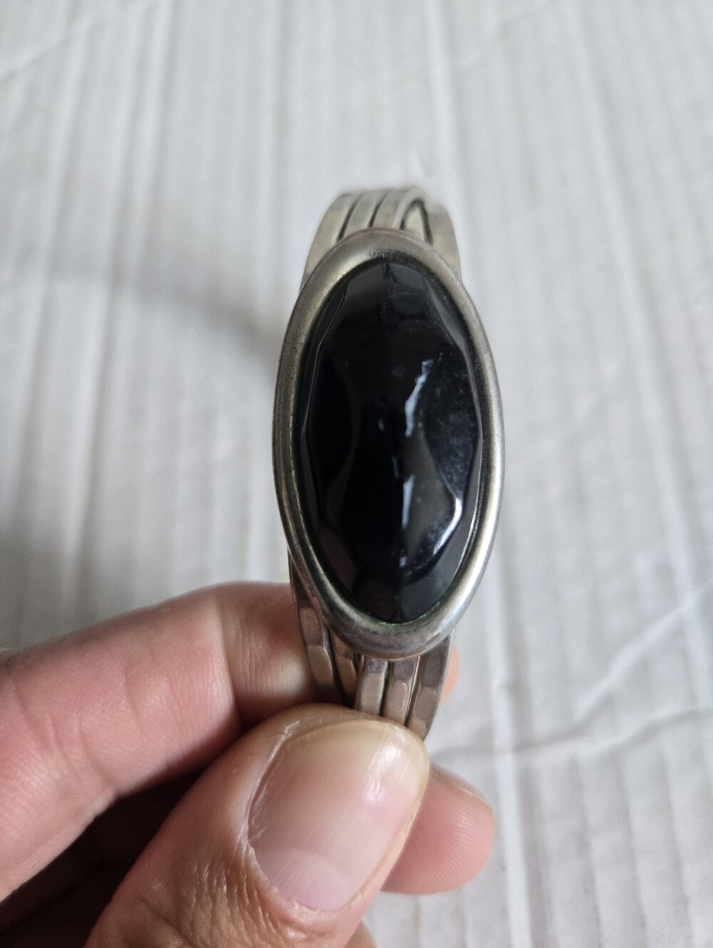 Black Onyx Stone Men's Cuff Sleek Silver Tone Bracelet
